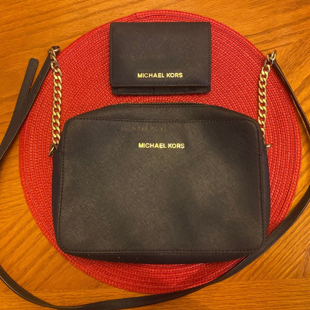 Michael Kors: Navy leather handbag with wallet